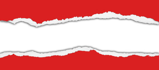 Hole ripped in red paper on white background