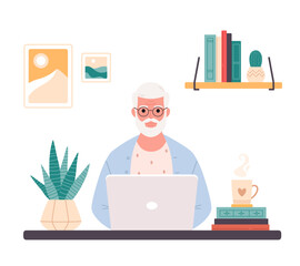 Old man working on computer at home. Online education, web courses, remote working, modern technologies and old people. Vector illustration in flat style