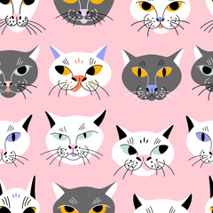 Funny cat faces with different emotions on a pink background. Vector seamless pattern with animal heads for fabric or wrapping paper.