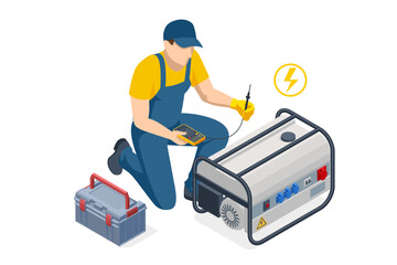Isometric service engineer repairing or adjusting diesel power generator. Portable electric power-generator, industrial diesel generator. Standby-generator.