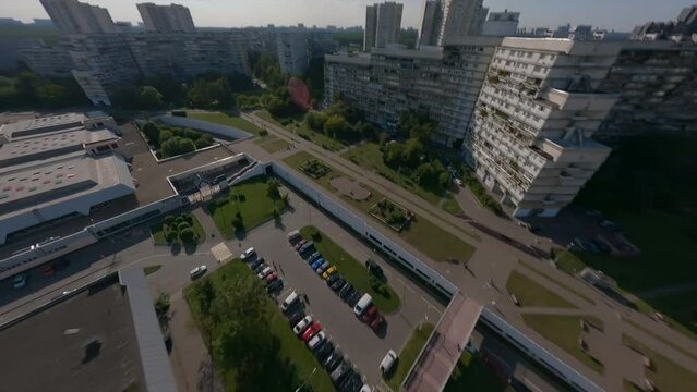 Dynamic fpv spans along and near multi-storey buildings, industrial cinematic