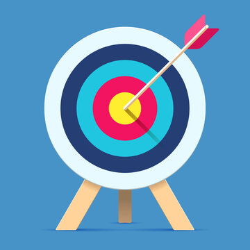 Target icon in flat style on color background. Bullseye business conpept. Arrow in the center aim. Vector design element for you projects