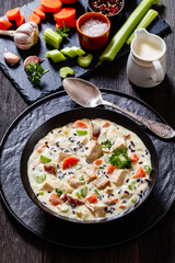 Turkey Wild Rice Soup in bowl, top view