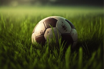  a soccer ball sitting in the grass on a field of grass with a sky background and a light beam in the distance above it, with a green grass field with a soccer ball in.  generative