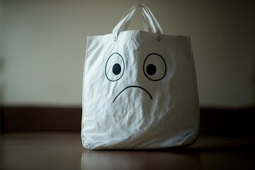  a white bag with a sad face drawn on it's side and eyes drawn on the inside of it's front pocket, sitting on a table with a brown background with a wall.  generative