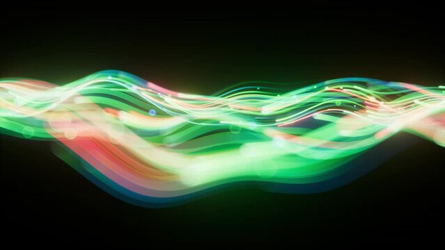 3d render, looping animation of glowing green neon wavy lines and bokeh lights. Abstract background of sound wave equalizer chart, frequency graph, data transfer visualization concept