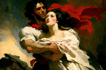 Fototapeta na wymiar Couple in love in epic painting. generative ai