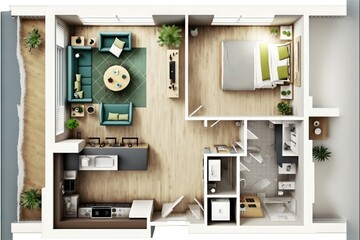  a floor plan of a small apartment with a kitchen and living room and bedroom area, and a bedroom with a bed, a desk, a couch, and a kitchen and a living room with a chair. generative ai