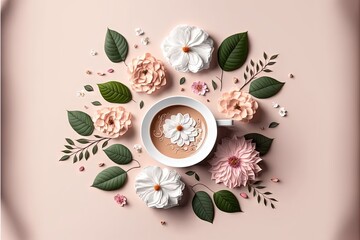  a cup of coffee with flowers on a pink background with leaves and flowers around it, top view, flat layed out, with copy space for text, flat laying out,.