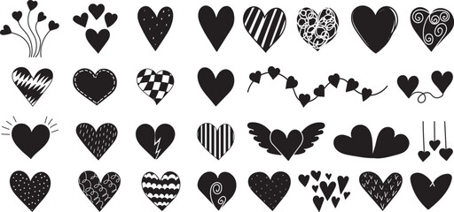 doodle hearts set silhouette design vector isolated