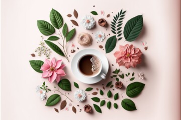  a cup of coffee surrounded by flowers and leaves on a pink background with a pink background and a pink background with a pink and white background