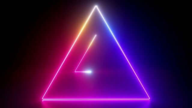 looped 3d animation, abstract geometric background with endless tunnel, triangular shapes, glowing neon lines appear in the dark