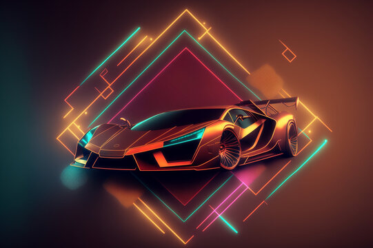 Colorful Sports Car Background, Neon, geometric. AI