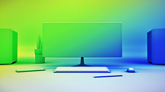 PC monitor 3D graphics, technology template. A minimal, colorful illustration with empty desktop screen, to add your own digital or physical products, software or app UI design, etc.