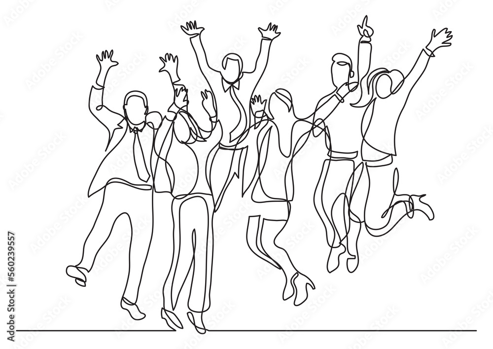 Wall mural continuous line drawing happy office workers jumping joy - PNG image with transparent background