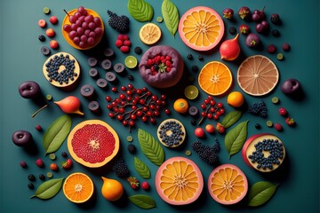  a variety of fruits are arranged on a blue surface with leaves and berries on it, including oranges, grapes, and pomegranates, and a few other fruits are arranged on the.