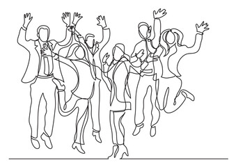 Fototapeta na wymiar continuous line drawing happy business team jumping joy - PNG image with transparent background