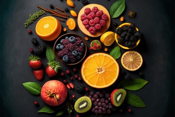  a variety of fruits are arranged in a circle on a black surface with leaves and berries on the side of the image, and a bowl of oranges, raspberries, kiwi,.