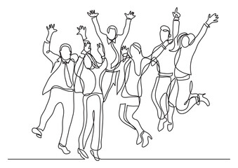 continuous line drawing happy office workers jumping joy - PNG image with transparent background