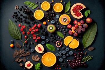  a bunch of fruit is arranged on a table top with leaves and berries on it, including oranges, apples, grapes, and a kiwi, and a banana, and a leaf.