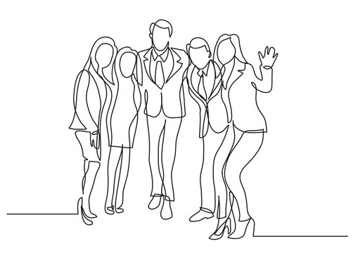 continuous line drawing happy business team standing - PNG image with transparent background