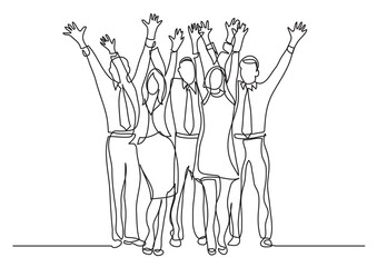 continuous line drawing standing office team cheering waving hands - PNG image with transparent background