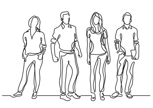 continuous line drawing standing young team members - PNG image with transparent background