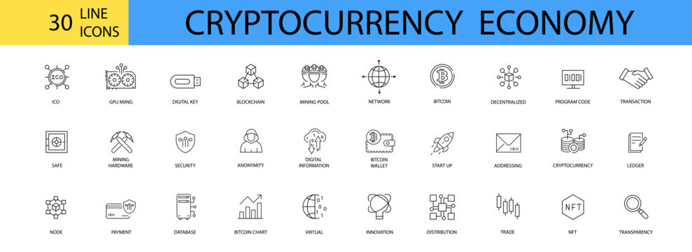 Cryptocurrency economy web icons collection. Blockchain package. Bitcoin, NFT, Vector illustration