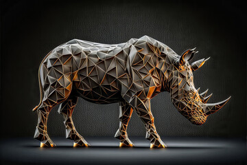 metal rhinoceros textured with volumetric triangles with gold edging - obrazy, fototapety, plakaty