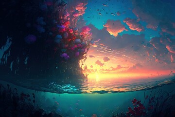 Fototapeta na wymiar A colorful underwater coral reef lit by the setting sun, generative ai