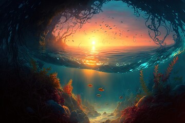 A serene and beautiful underwater landscape, vibrant colors and diverse sea life of a coral reef, generative ai - obrazy, fototapety, plakaty