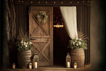  a barn door with two vases of flowers and candles in front of it and a curtain in the background with lights on the side of the door and a window with a curtain behind. Generative AI