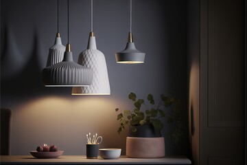  a table with a bowl of fruit and a lamp on it and a vase with a plant in it on the table next to the lamp is a vase with a plant and a bowl.