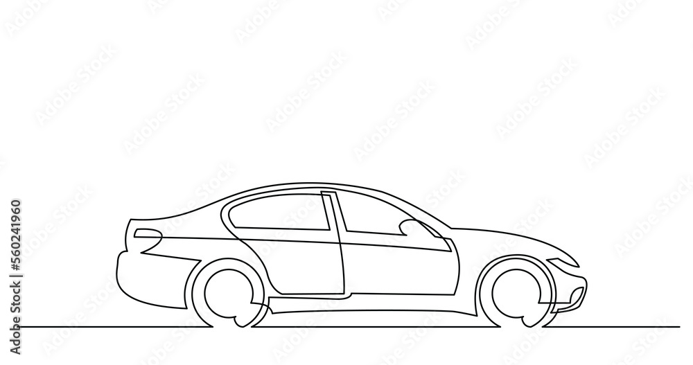 Sticker continuous line drawing of side view of modern sedan car - png image with transparent background