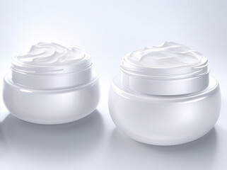 two glass cosmetic jars of gentle white moisturizer for the face. Cosmetic products for skin care and makeup.