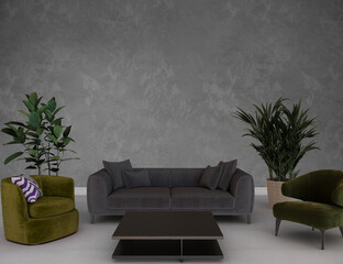 Modern living room with sofa, 3d render