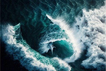  a large wave is breaking into the ocean with a surfer riding it in the middle of the wave, and a bird flying above it, in the middle of the ocean, a blue.