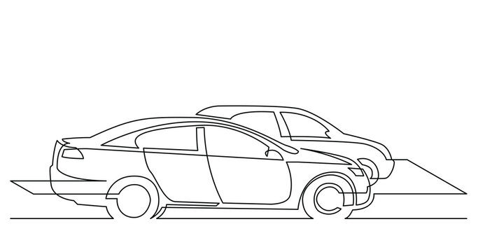continuous line drawing of two cars moving in street traffic - PNG image with transparent background