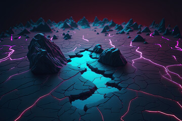 Cracked landscape. Neon energy abstract background.	
Digital artwork