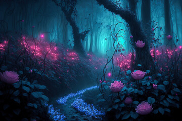 Fantasy fairy tale background with forest and blooming pink rose path. Fabulous fairytale outdoor garden and moonlight background. Digital artwork	 - obrazy, fototapety, plakaty