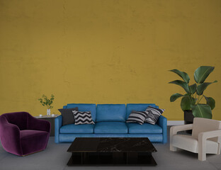 Modern living room interior with blue sofa front of the yellow wall, 3d render
