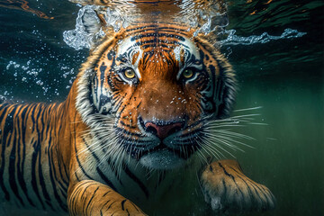 Close up beautiful tiger in water. Dangerous predator in natural habitat. Digital art	
