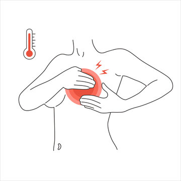 Outline nacked body with breast pain and fever. Woman breastfeeding problems with mastitis and nipple inflammation. Chest pumping and massage vs mastalgia and lactostasis