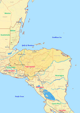 Honduras map with cities streets rivers lakes