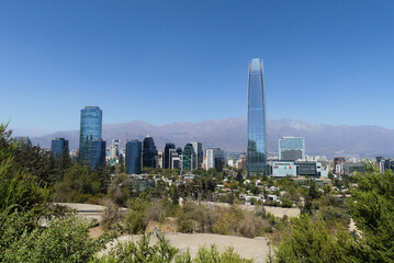 Business district of Santiago de Chile, with tall, modern skyscrapers. Las Condes district