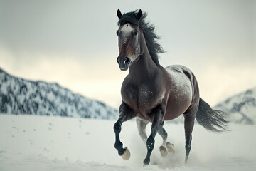 Wild horse running through snowy landscape. Digital artwork	

