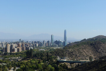 Business district of Santiago de Chile, with tall, modern skyscrapers. Las Condes district