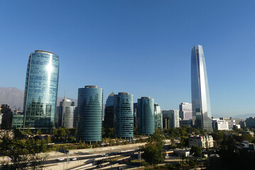 Business district of Santiago de Chile, with tall, modern skyscrapers. Las Condes district