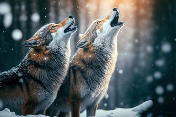 Wolves expressing emotions and howling in the wild winter forest. A gray wolfs in a winter forest. Digital artwork	
