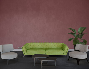 Green sofa in a room, 3d render